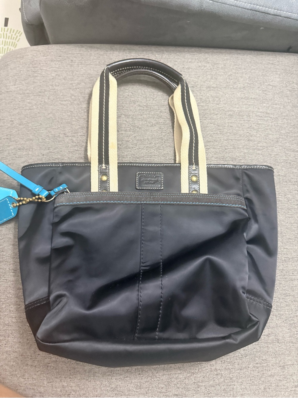 Coach Hampton Black Nylon Tote leather trimmed with Striped Handles
